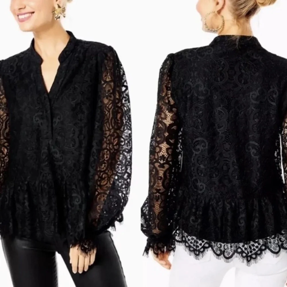 Lilly Pulitzer Blouse Black Lace Jacelynne Peplum Ruffle Hem SZ XL Plus Size - Picture 5 of 13